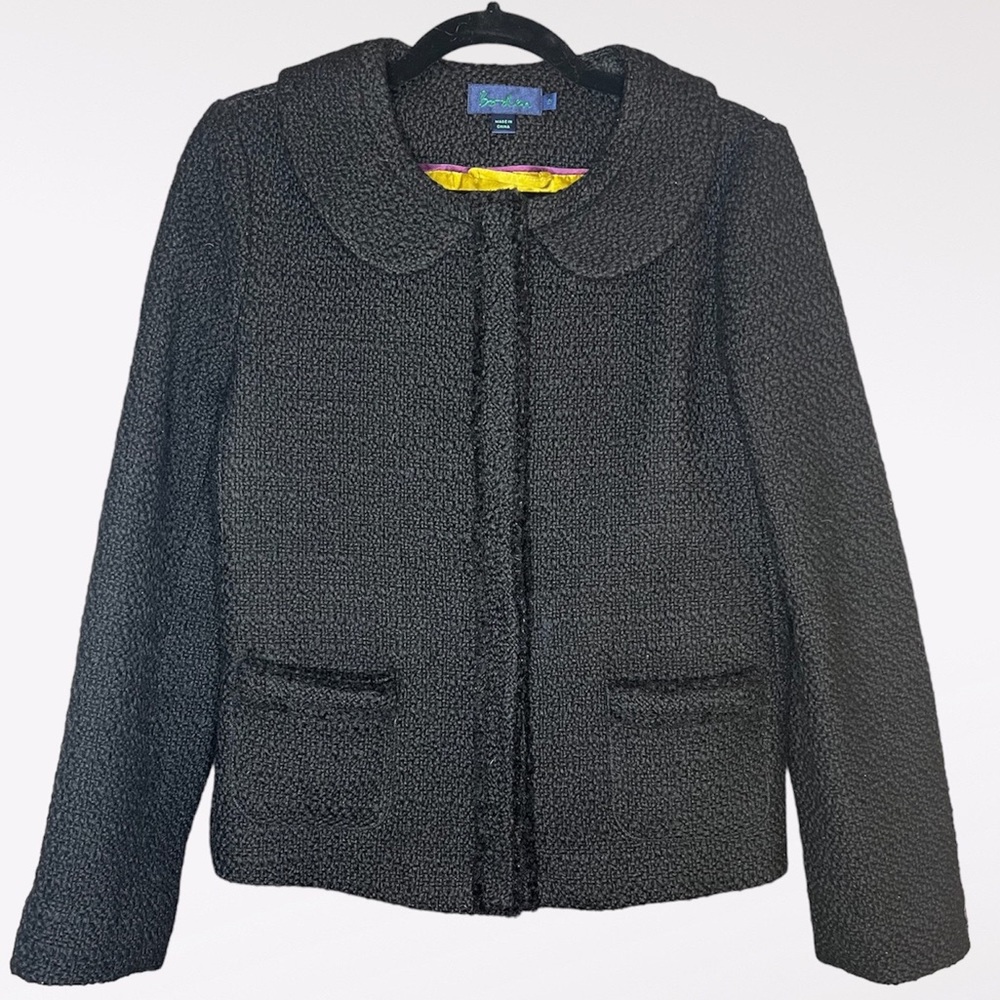 Boden 100% Wool Retro/ 60’s Black Fringe Tweed Boucle Jacket sz 12